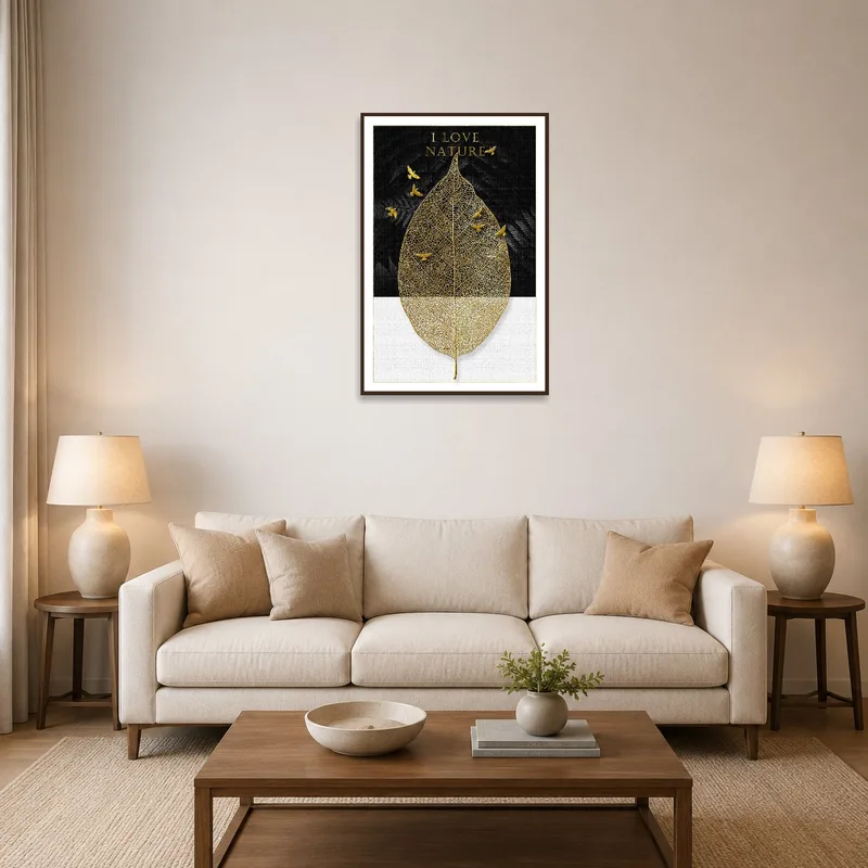 Golden leaf artwork with birds adds elegance above a modern living room couch.