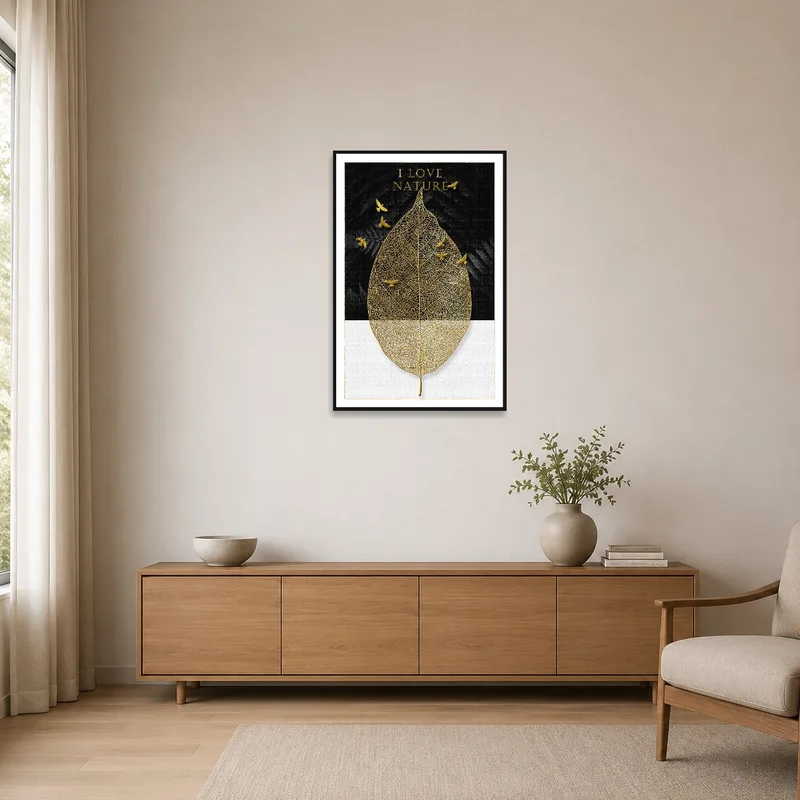 Golden leaf and birds provide a focal point in a serene minimalist space.