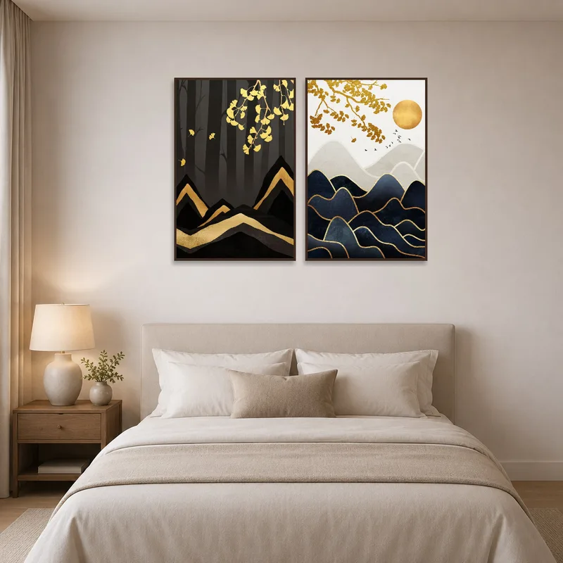Tranquil bedroom with golden leaves and dark mountains diptych on the main wall.