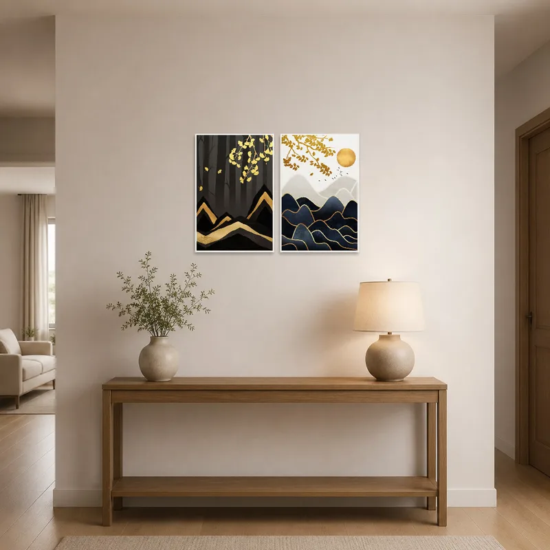 Golden leaves and mountains diptych welcomes guests in an elegant entrance hall.