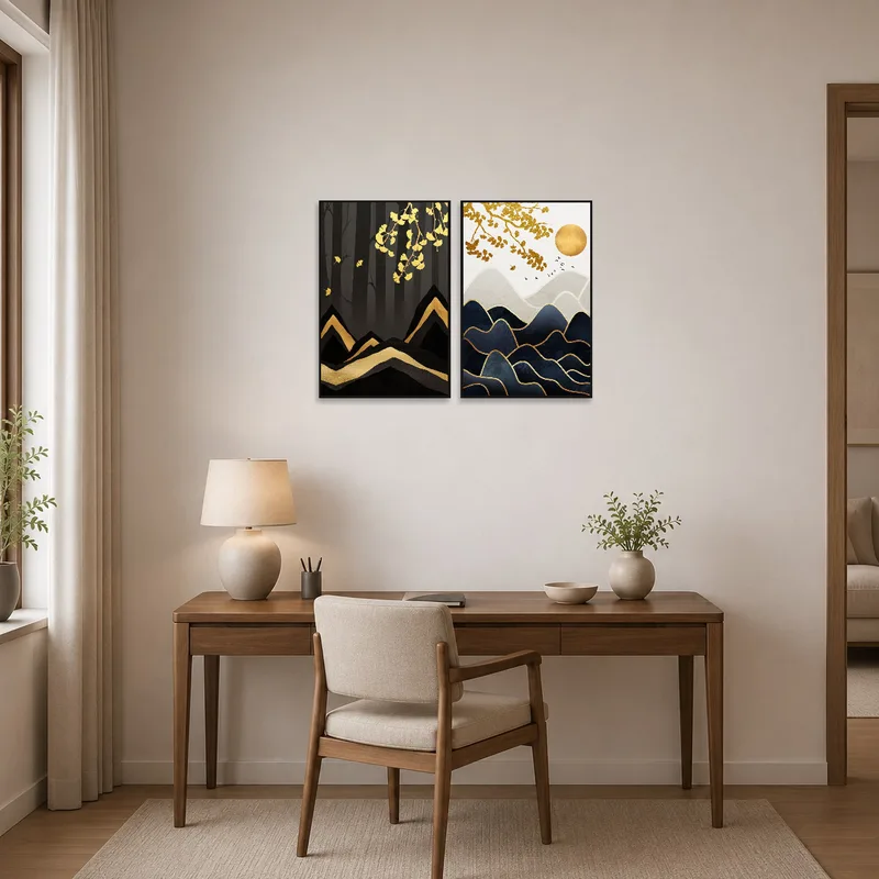 Golden leaves diptych adds sophistication to a sleek, contemporary home office.