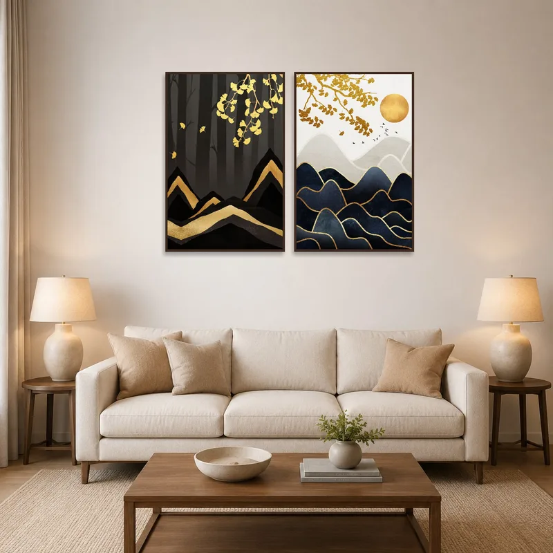 Diptych of golden leaves and dark mountains hung above a modern living-room sofa.