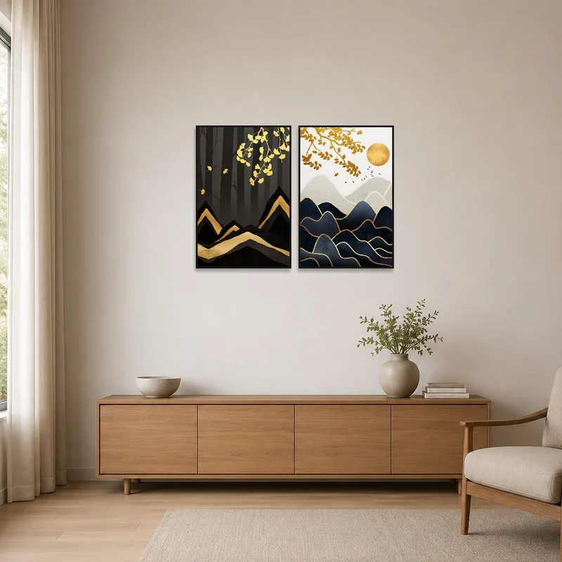 Golden leaves diptych complements a minimalist room with clean lines and neutral tones.