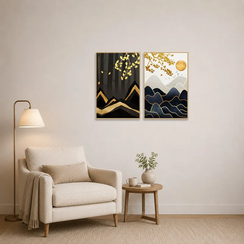 Diptych of golden leaves enhances the cozy reading corner with nature elements.