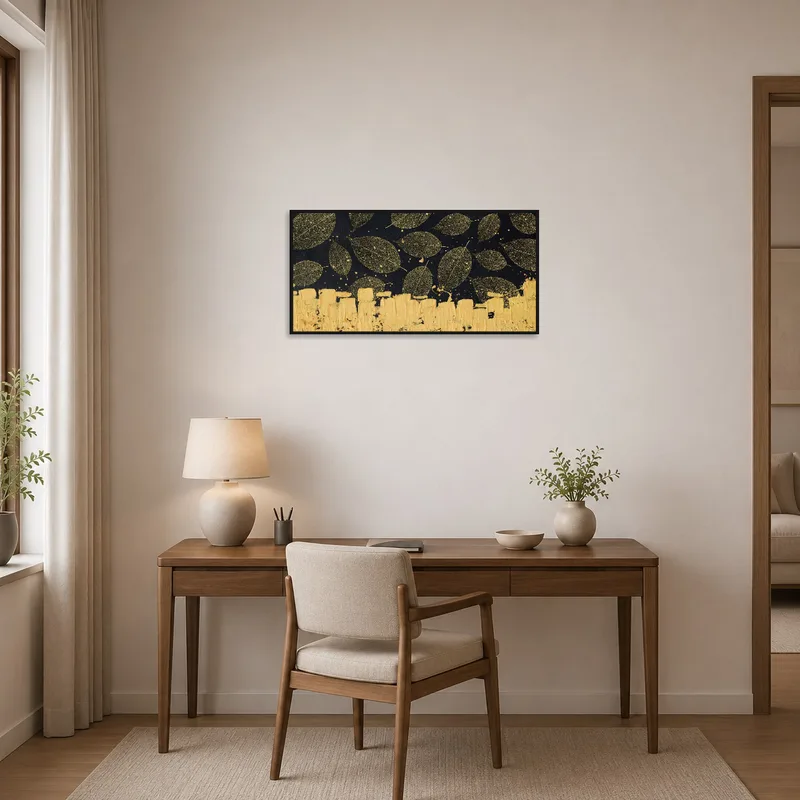 Sophisticated home office with golden leaf art, blending luxury with a professional setting.