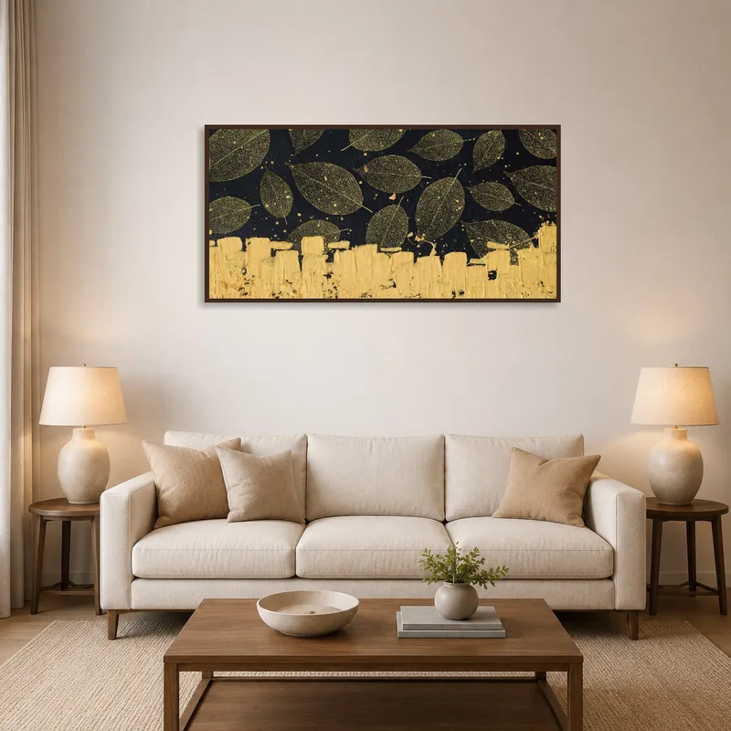 Golden leaf art hanging in a stylish living room on dark textured wall for a moody look.