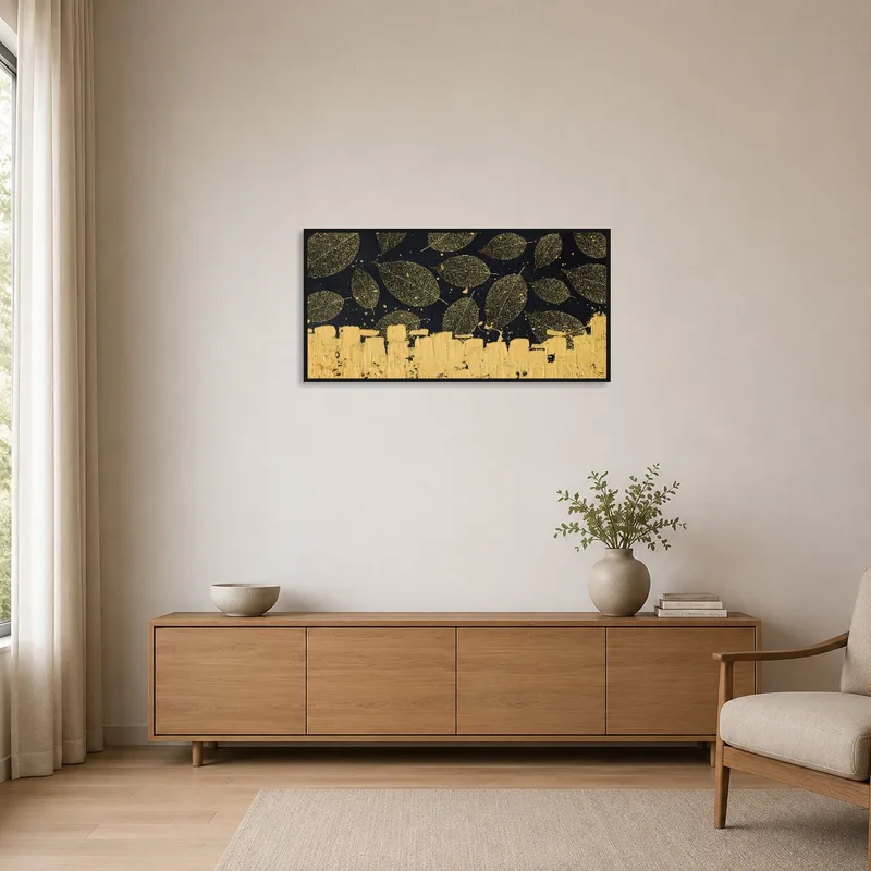 Elegant golden leaf artwork in a minimalist space accentuating simplicity and subtle texture.