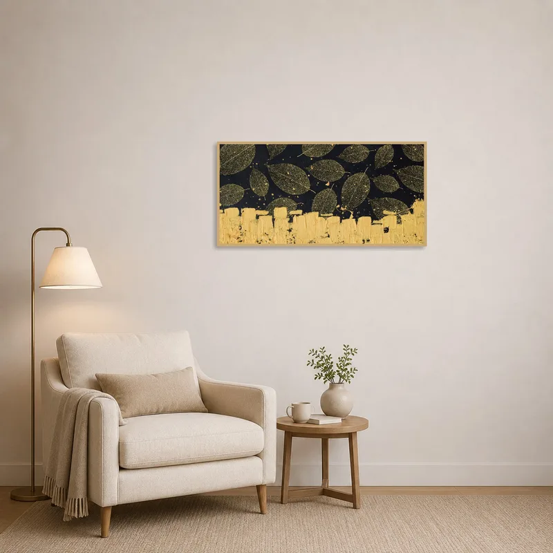 Golden leaf art enhancing the cozy ambiance of a reading corner with its rich textures.