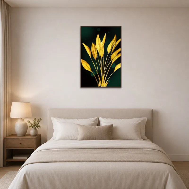Golden leaves art print bringing sophistication to a bedroom beneath soft lighting.