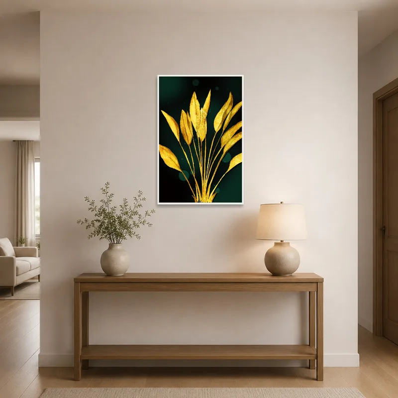 Golden leaves art print adding elegance to an entrance hall with a console table.