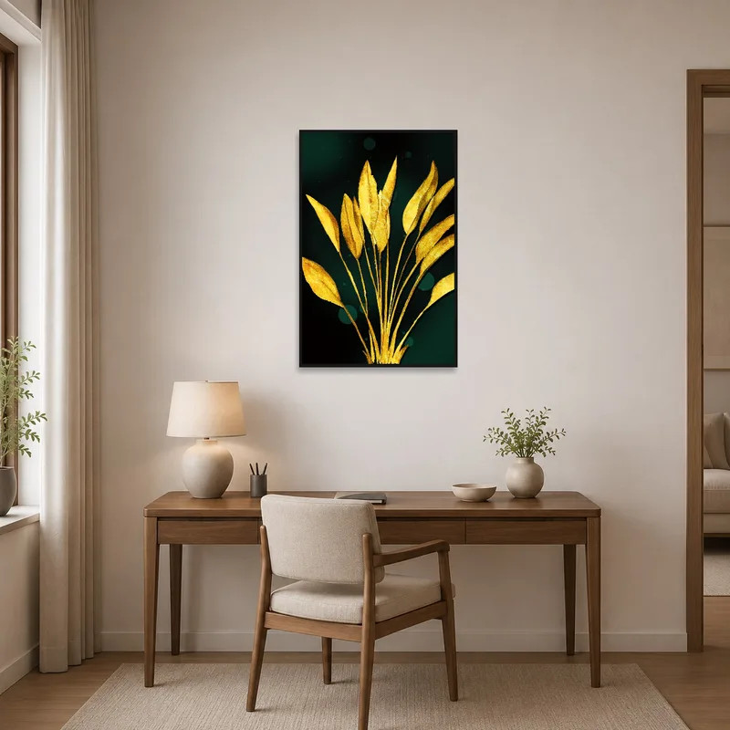 Golden leaves on emerald art print energizing a stylish and organized home office.