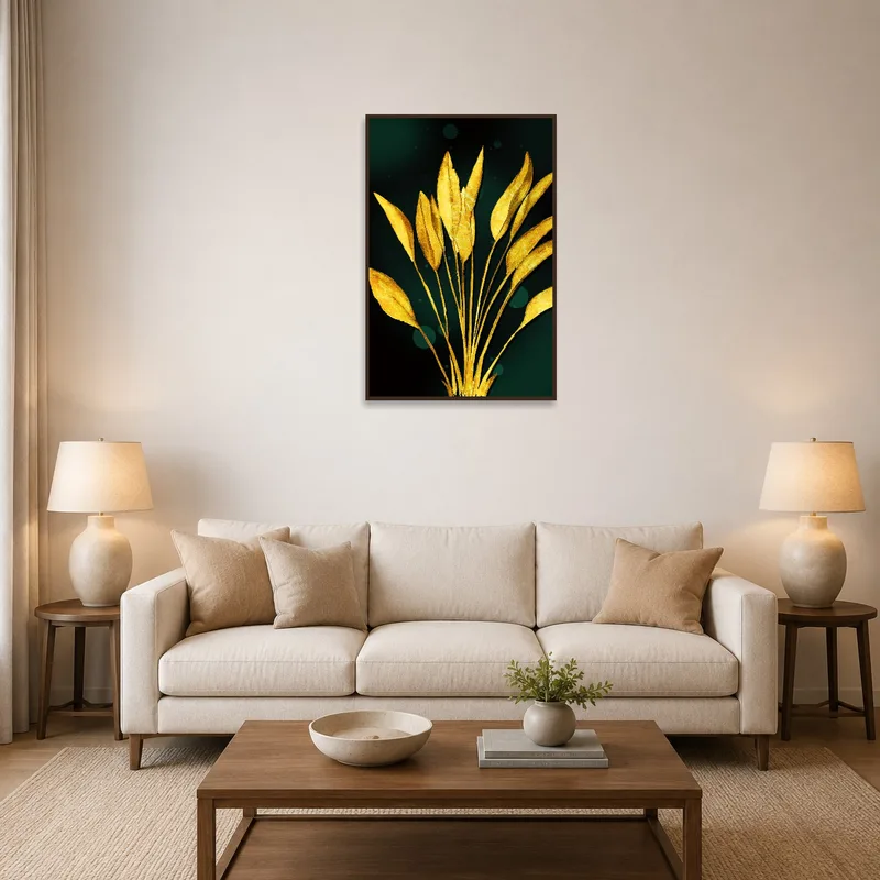 Art print with golden leaves on emerald displayed above a modern living room sofa.
