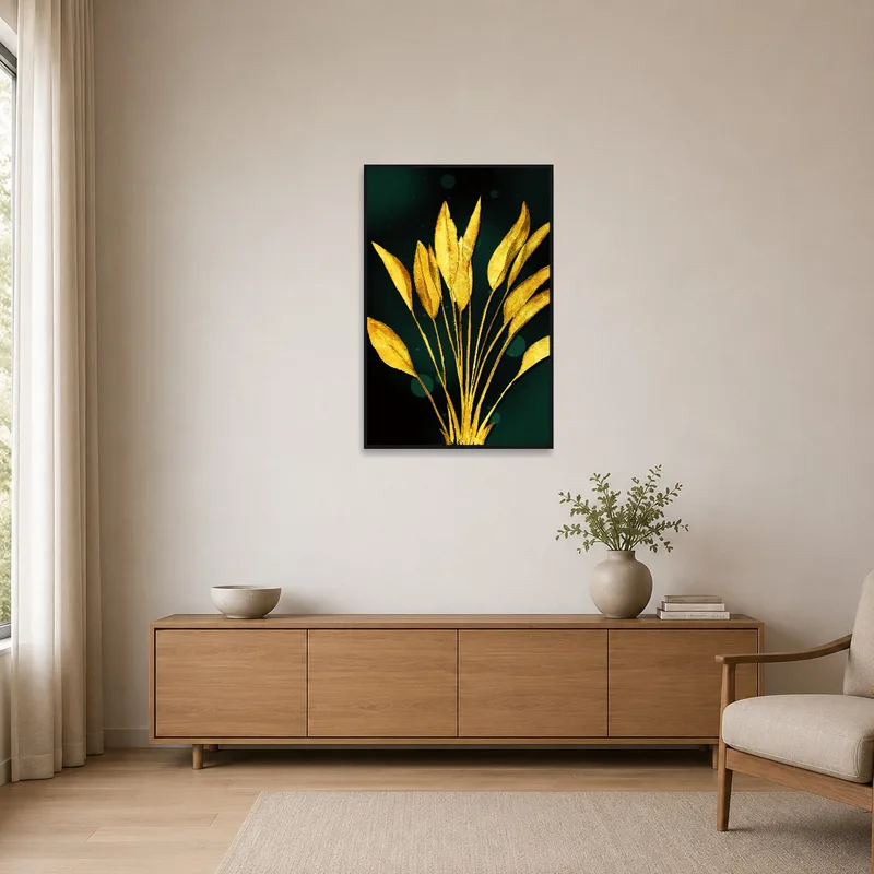 Golden leaves art piece on emerald enhancing the clean lines of a minimalist space.