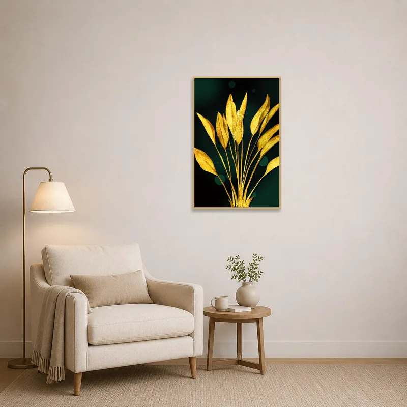 Art print with golden leaves providing a pop of color in a cozy reading corner.