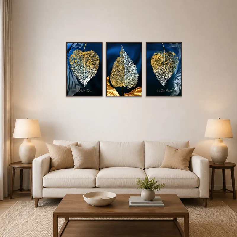 Golden leaves triptych artwork on the living room wall above a modern sofa.