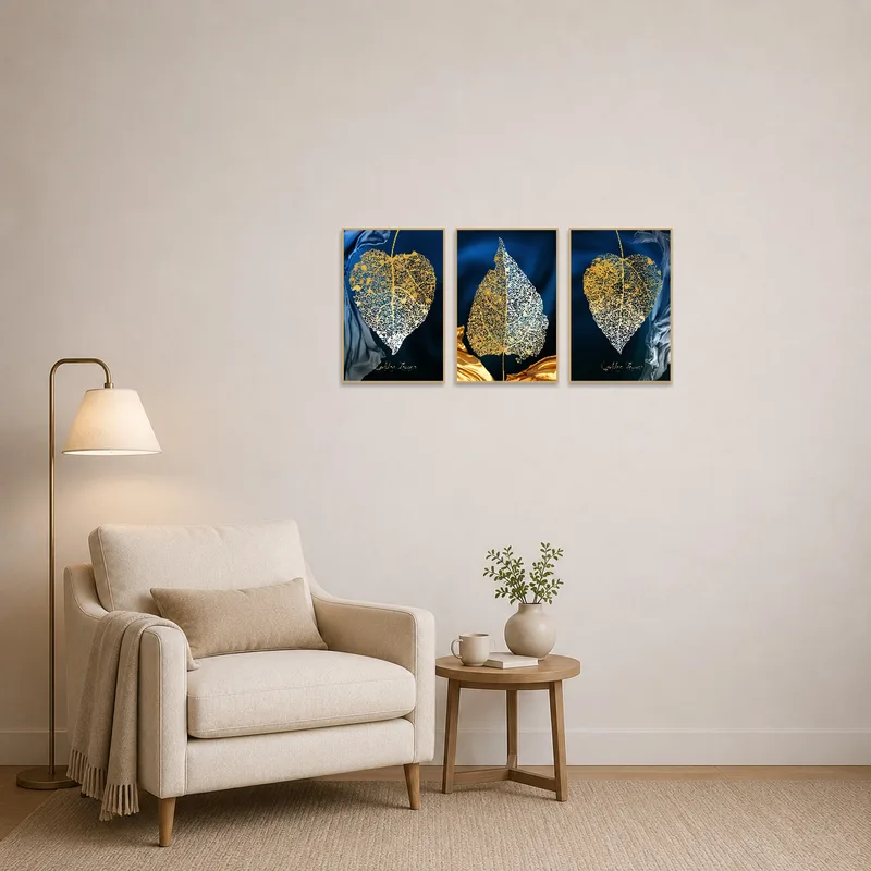 Elegant nature series triptych placed in a cozy reading corner with a comfy chair.