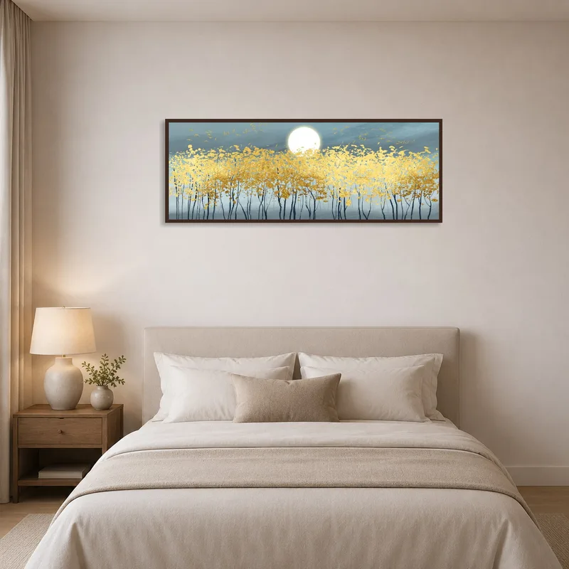 Tranquil moonlit golden leaves complementing a restful bedroom.