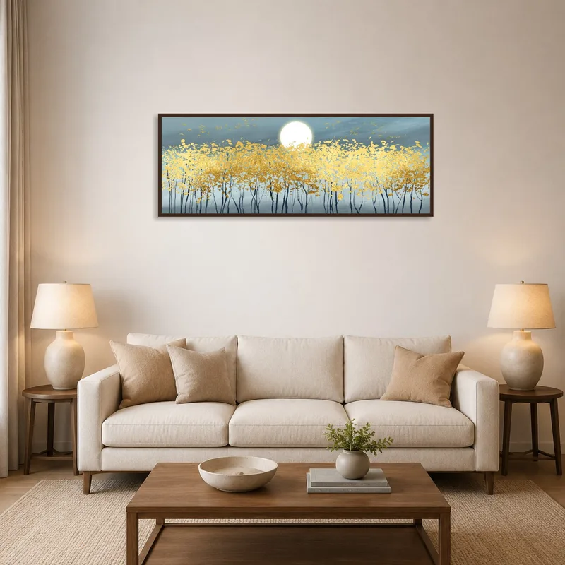Golden leaves under a full moon in a cozy living room setting.