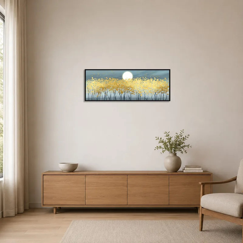 Golden leaf panorama adding subtle elegance to a minimalist space.