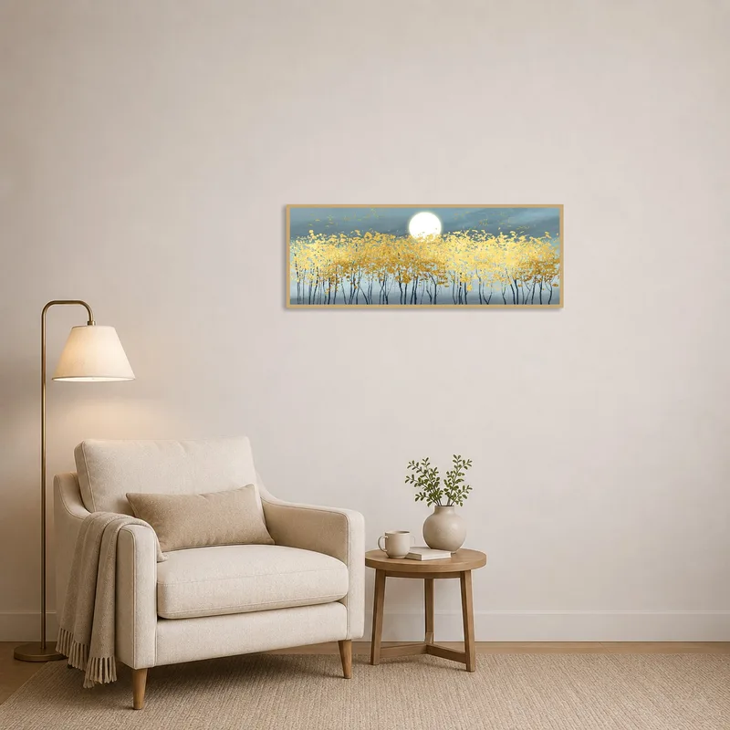 Serene golden leaves and full moon creating a peaceful reading corner.