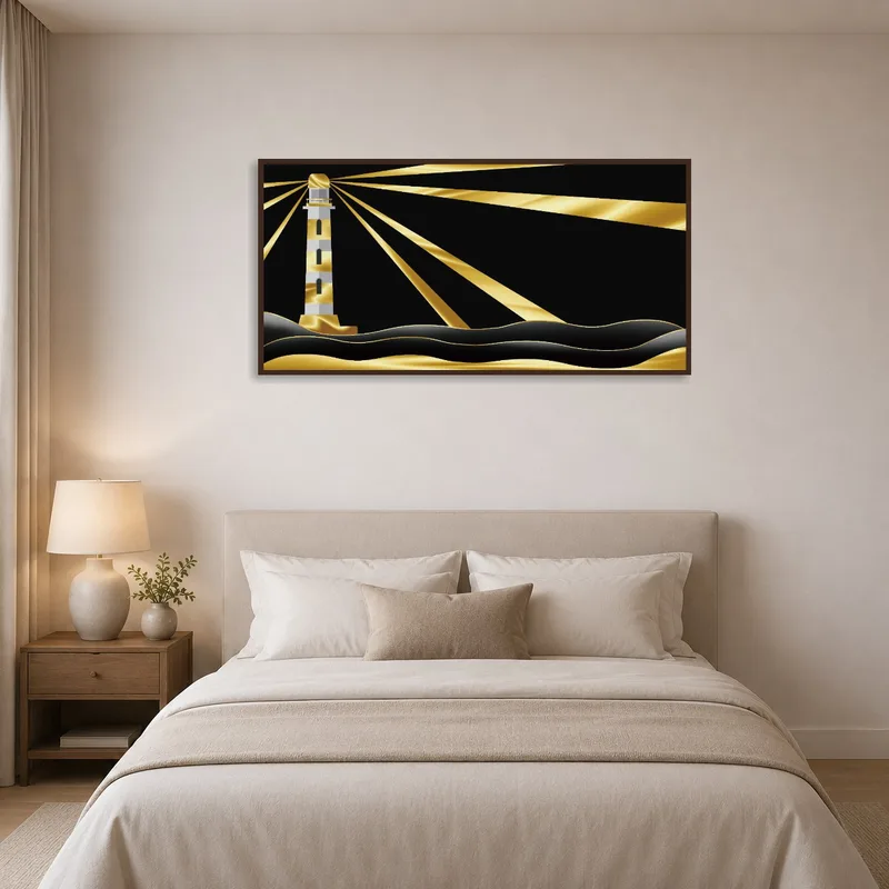 Golden lighthouse on a dark horizon, creating a serene atmosphere in the bedroom.