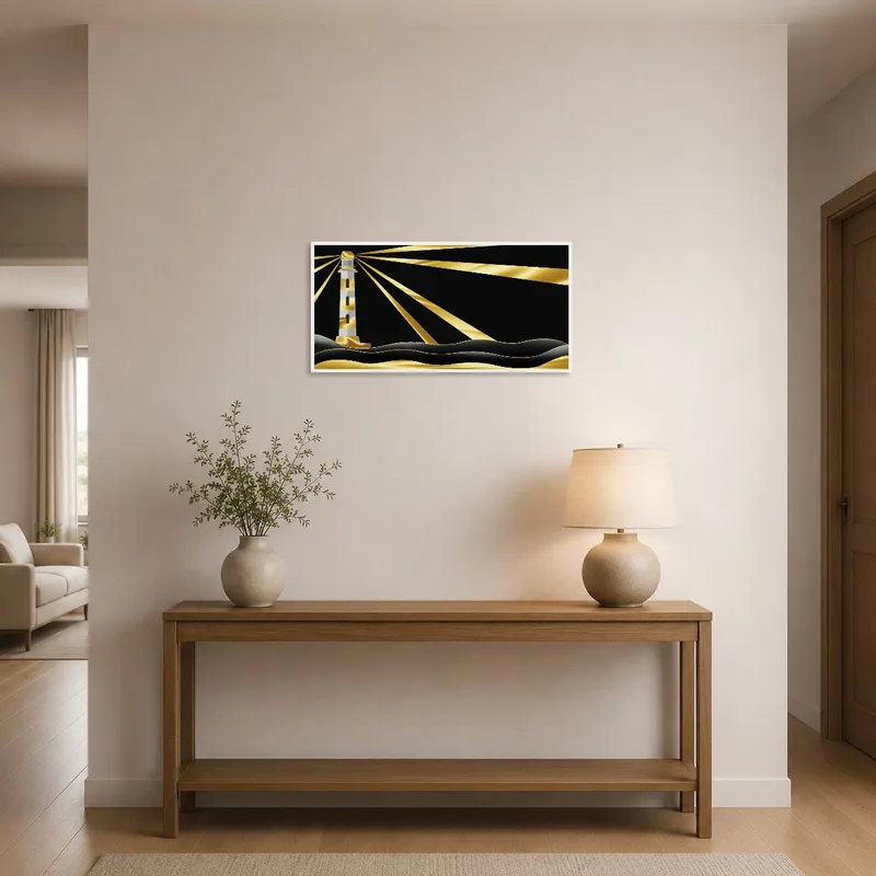 Striking golden lighthouse scene enhancing the entrance hall with an intriguing focal point.