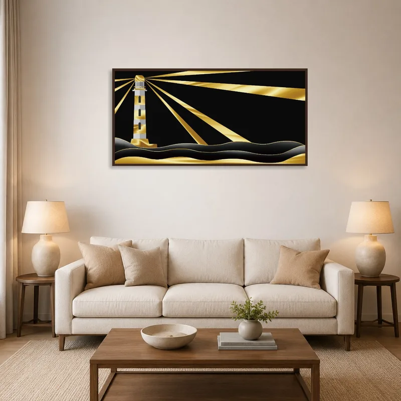 A panoramic art piece of a golden lighthouse on a dark horizon, adding elegance to the living room.