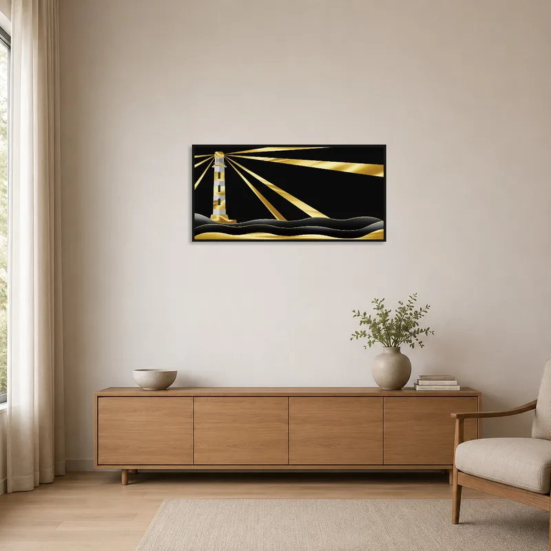 Golden lighthouse on a dark horizon, complementing the clean lines of the minimalist space.