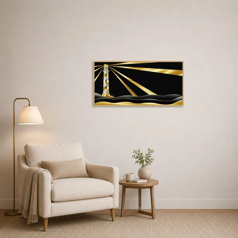 The golden lighthouse art piece sets a contemplative mood in the cozy reading corner.