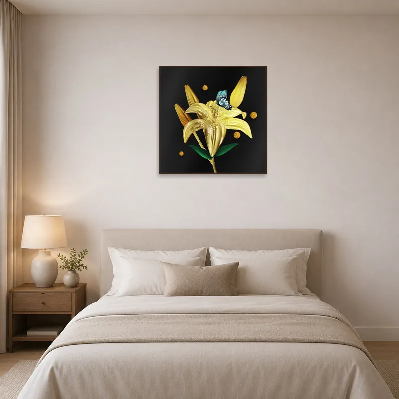 Golden Lily with Butterfly piece beautifies the bedroom.