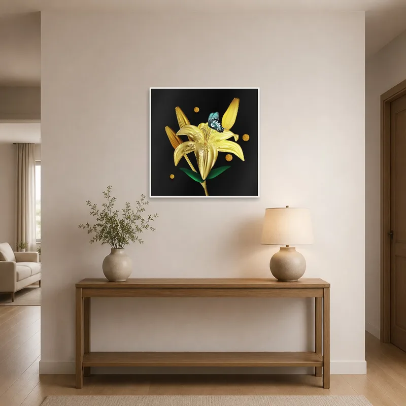 Golden Lily and Butterfly art greets in the entrance hall.