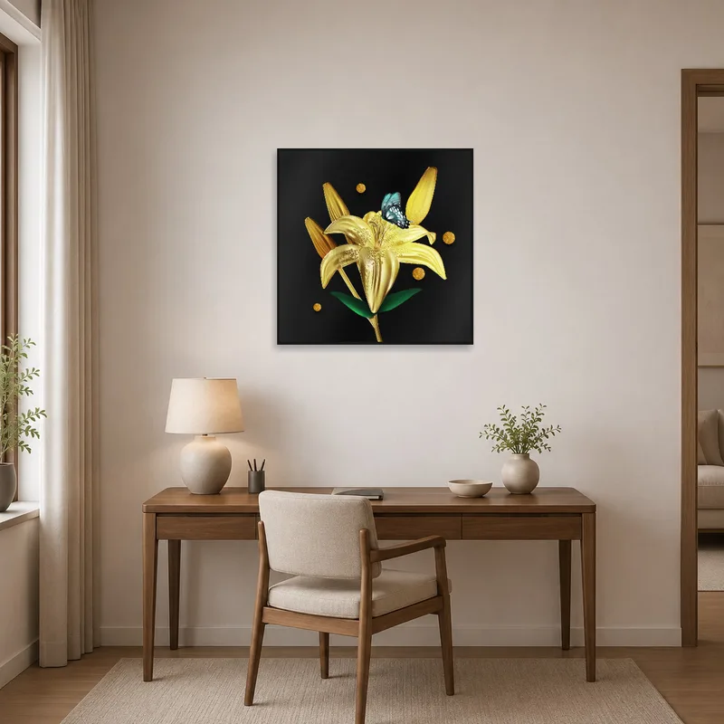 Golden Lily artwork inspires in the home office space.