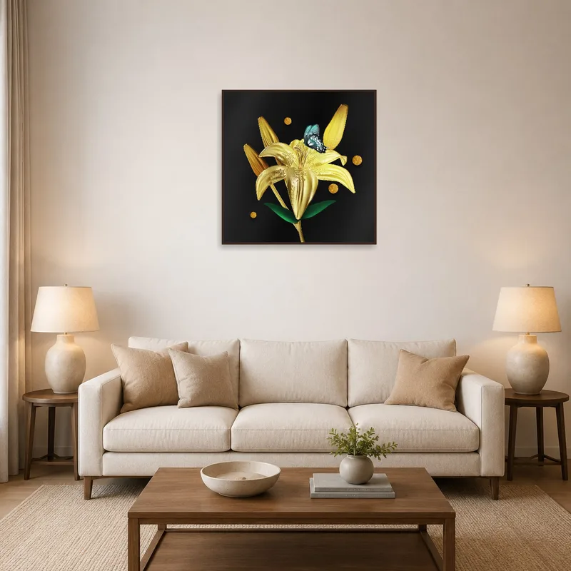 Golden Lily with Butterfly print adorns the living room wall.