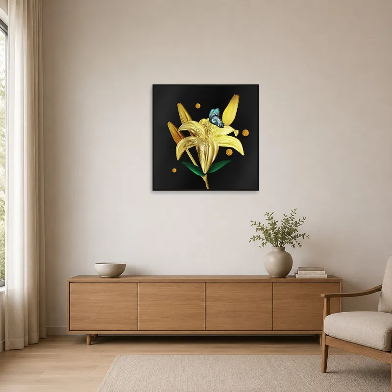Golden Lily artwork enhances the minimalist room's elegance.