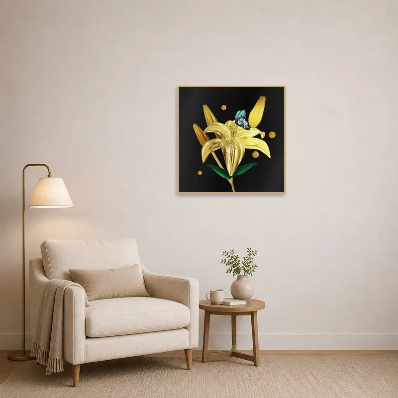 Golden Lily print adds charm to the reading corner.