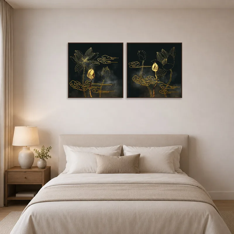 Golden Lotus Blossom art prints bringing serenity to a bedroom with soft linens and muted tones.