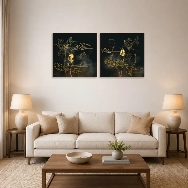 Golden Lotus Blossom art prints on a living room wall with plush seating and natural light.