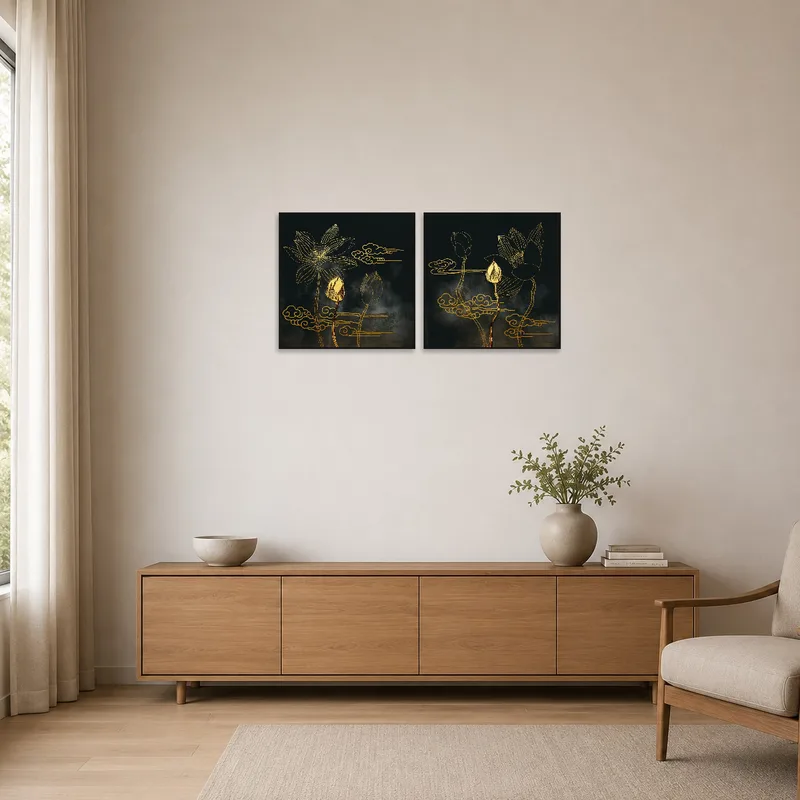 Golden Lotus Blossom art prints adding elegance to a minimalist room with clean, simple lines.