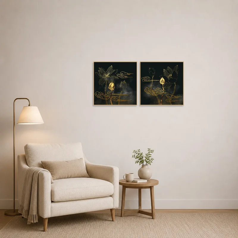 Golden Lotus Blossom art prints offering tranquility in a cozy reading corner with a comfy chair.