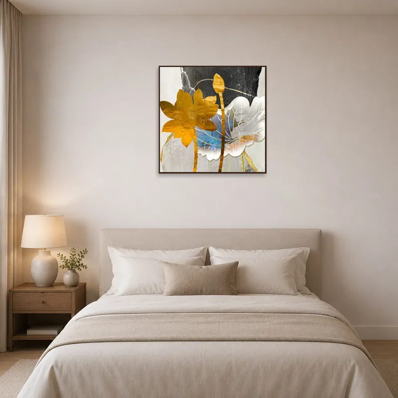 Golden Lotus Collage adorning a bedroom wall above a comfortable sleeping area.
