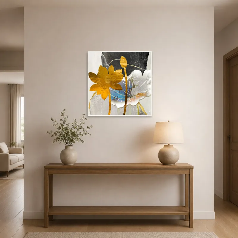 Golden Lotus Collage displayed in an entrance hall, welcoming guests with abstract elegance.