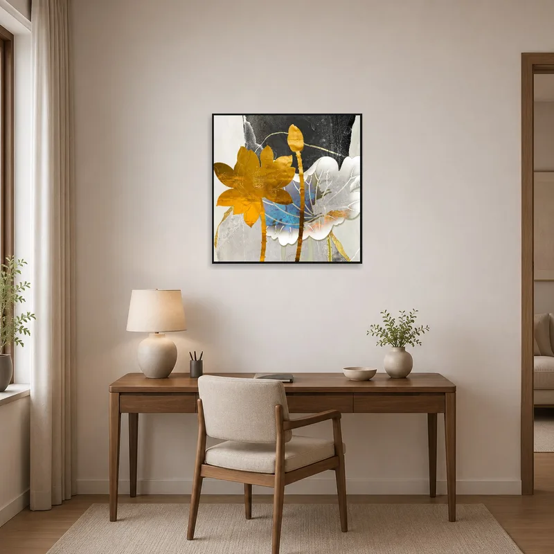 Golden Lotus Collage enhancing the ambiance of a home office with its abstract design.