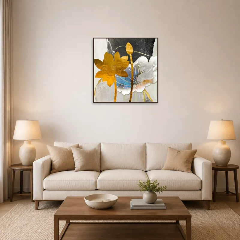 Golden Lotus Collage artwork on a living room wall with a cozy seating area.