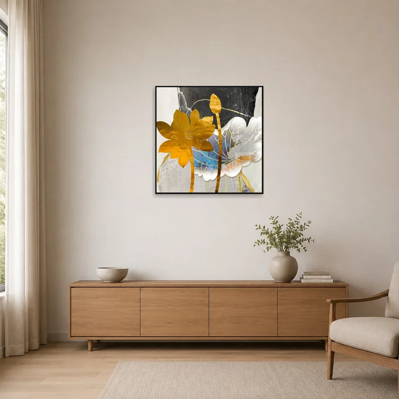 Golden Lotus Collage artwork against a minimalist backdrop with simple furnishings.