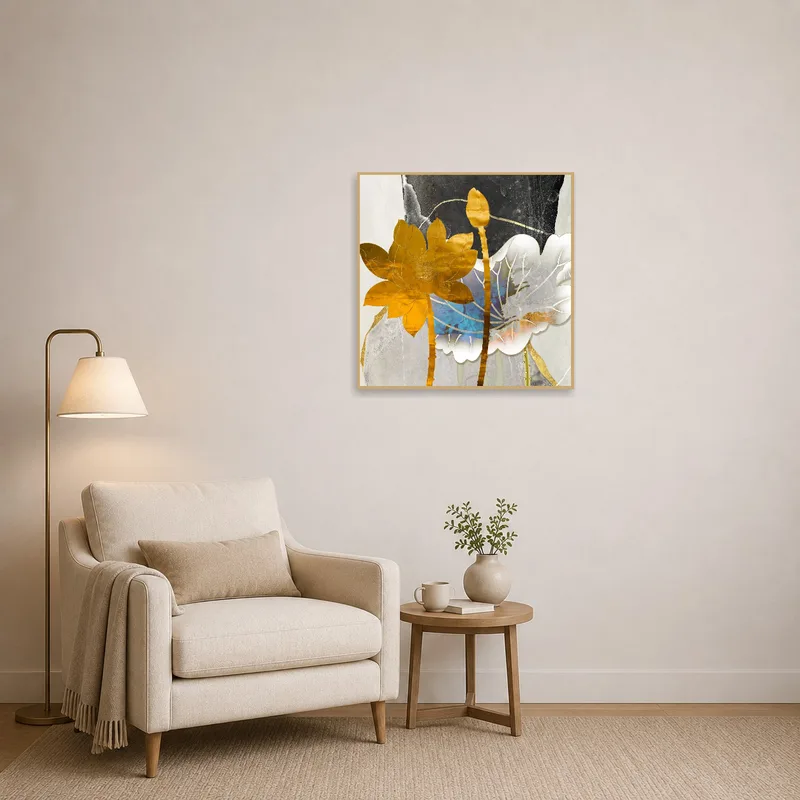 Golden Lotus Collage adding a touch of creativity to a serene reading corner.