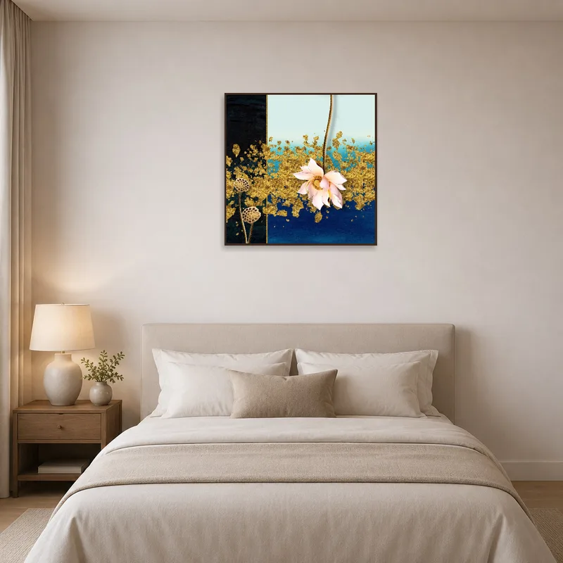Golden lotus art piece adding tranquility to a serene bedroom setting.