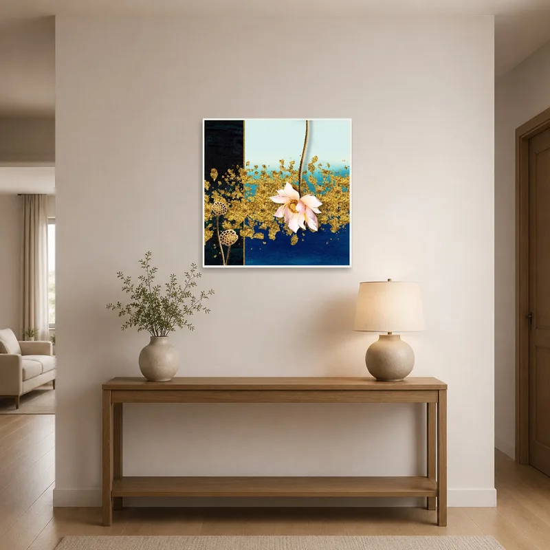 Golden lotus artwork creating a welcoming focal point in the entrance hall.