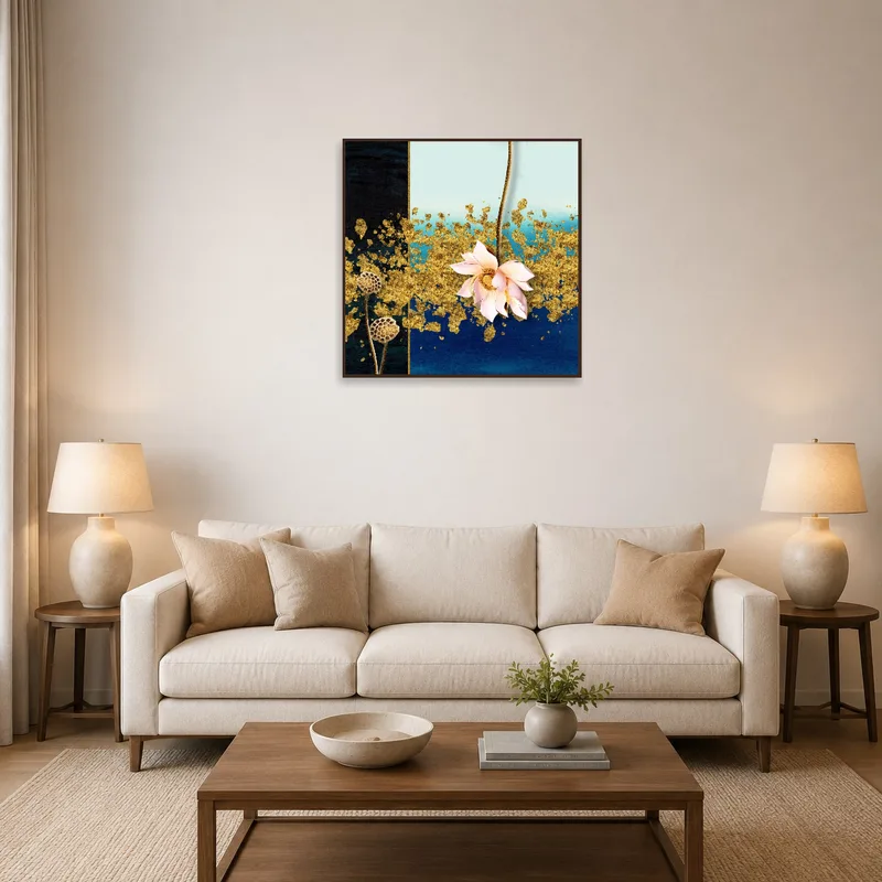 Golden lotus on turquoise canvas hanging above a modern sofa in the living room.