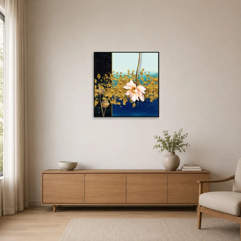 Golden lotus painting adding a pop of color to the minimalist room's clean aesthetic.