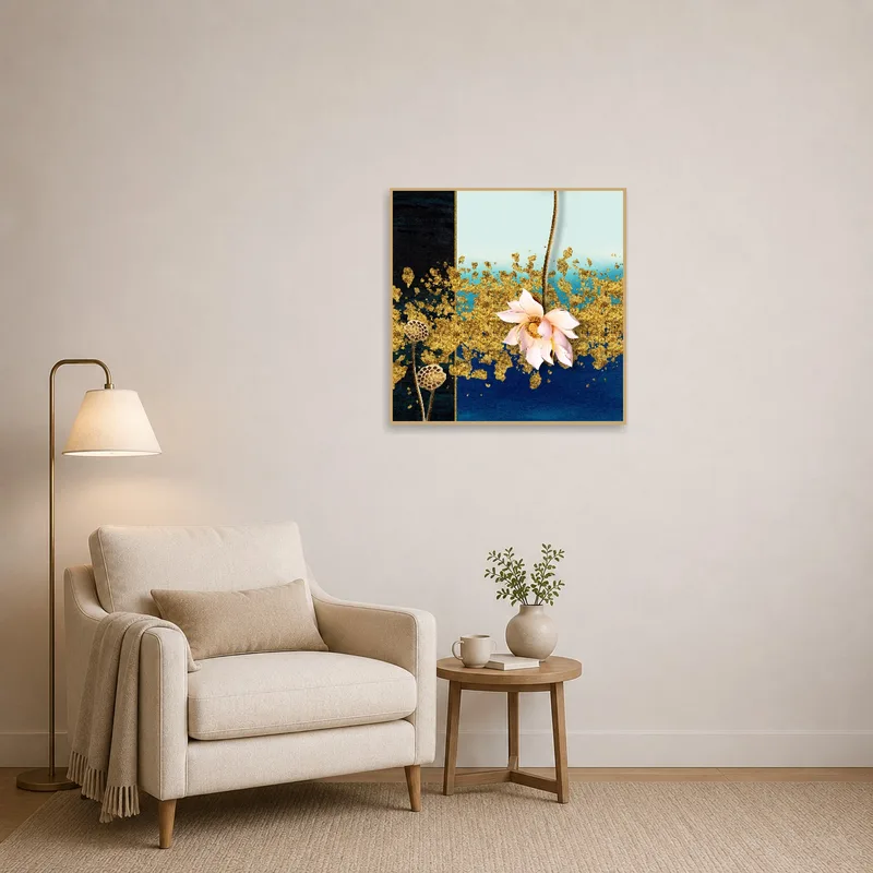 Golden lotus canvas beautifully accenting the cozy reading corner.